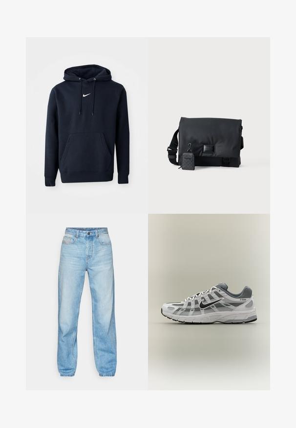 Navy sininen huppari, joka on valmistettu puuvillasekoitteesta. Siinä on kenguru-tasku, nyörihuppu ja valkoinen Nike-logo rinnassa.; Vaaleansiniset farkut, joissa on suora leikkaus, viisi taskua ja näkyvä nappikiinnitys, jossa on kontrastivärinen ommel.; Valkoinen ja harmaa Nike P-6000 -lenkkari, jossa musta swoosh-logo, verkkopaneelit ja teksturoitu pohja, esitetty sivuprofiilissa neutraalilla taustalla.; Musta viestilaukku, jossa on tyylikäs, sileä pinta, säädettävä olkahihna ja pieni irrotettava pussi, jossa on geometrinen kuvio.