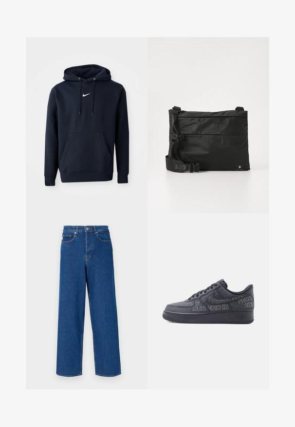 Navy sininen huppari, joka on valmistettu puuvillasekoitteesta. Siinä on kenguru-tasku, nyörihuppu ja valkoinen Nike-logo rinnassa.; Siniset leveälahkeiset farkut, jotka on valmistettu denimistä, korkea vyötärö, viisi taskua ja erivärinen ompelu saumoissa ja taskuissa.; Musta matala tennari, jonka nahkapäällisessä ja pohjassa on kohokuvioituja kaupunkien nimiä, kuten St. Louis, Mexico City, Pariisi ja Soul.; Musta nailoninen olkalaukku säädettävällä remmillä, tasainen muotoilu ja sivulla logoa esittävä etiketti. Sileä pinta ja minimalistinen tyyli.