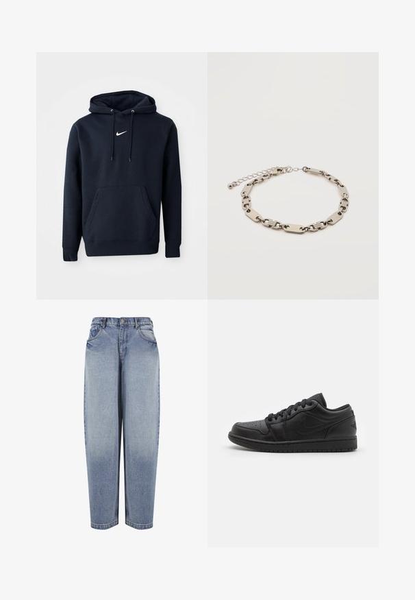 Navyblaue Kapuzenjacke aus einem Baumwollmischgewebe, ausgestattet mit einer Kängurutasche, verstellbarem Kordelzug an der Kapuze und einem weißen Nike-Logo auf der Brust.; High-waisted, locker sitzende blaue Jeans mit Vordertaschen, Gürtelschlaufen, Knopfverschluss und ausgebleichten Details entlang der Beine.; Schwarze Leder-Sneaker mit niedriger Schuhform, durchlöchtem Zehenbereich, flachen Schnürsenkeln, gepolstertem Kragen und strukturiertem Außensohlen. Mit einem dezenten Logo auf der Ferse.; Armband aus silberfarbenem Metall mit abwechselnd rechteckigen und ovalen Gliedern, verstellbarem Verschluss und kleinem runden Anhänger auf weißem Hintergrund.