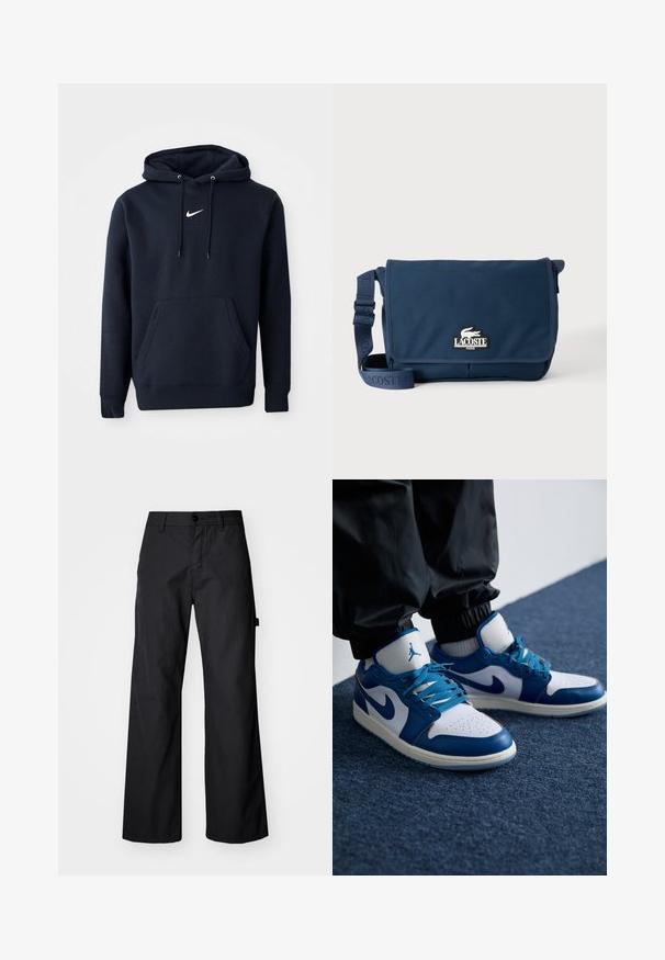 Tumed sinine kapuutsiga sviiter, mis on valmistatud puuvillase segu kangast, millel on känguru tasku, tõmbestringiga kapuuts ja valge Nike logo rinnal.; Mustad, laiad püksid, mis on valmistatud vastupidavast kangast. Omavad nupuga sulgemist ja küljetaskuid. Sile tekstuur ja puhas disain.; Nike Air Jordan tennisijalad on valge nahast alus siniste sünteetiliste detailidega, aukudega varbakoht ja sinised paelad.; Tumesinine Lacoste messenger-kott reguleeritava rihma ja logomärgiga esikaanel, heleda ühevärvilise taustaga.