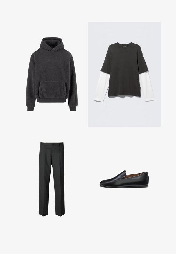 Fleece hoodie i mørkegrå med en tekstureret overflade, en kangaroo-lomme og ribbede manchetter og kant. Har et lille logo på brystet.; Sort T-shirt med korte ærmer lagdelt over en hvid langærmet skjorte, vist på en simpel lys baggrund.; Mørkegrå skrædderede bukser med lige ben, der har en flad front, lette læg og knaplukning i taljen.; Sort læder slip-on loafer med et elegant, minimalistisk design og rundet tå, vist i profil mod en hvid baggrund.