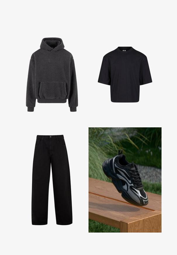 Fleece hoodie i mørkegrå med en tekstureret overflade, en kangaroo-lomme og ribbede manchetter og kant. Har et lille logo på brystet.; Sort bomulds t-shirt med rund halsudskæring, korte ærmer og en oversized pasform. Glat tekstur og minimalistisk design. Ingen synlige logoer.; Sorte brede jeans lavet af denim, med forlommer, knaplukning og et rent, minimalistisk design uden synlige mønstre.; Sort og grå atletisk sneaker med mesh og reflekterende detaljer, balanceret på kanten af en træbænk udendørs.