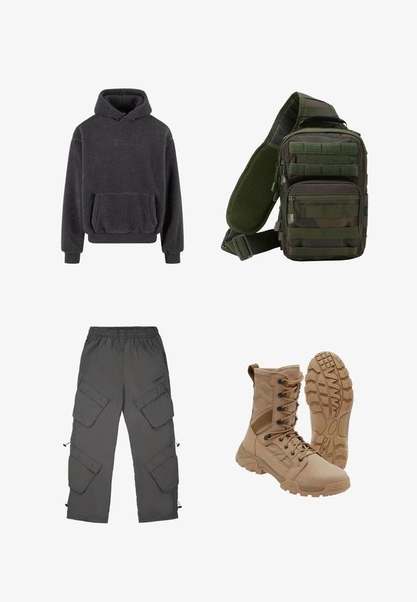 Fleece hoodie i mørkegrå med en tekstureret overflade, en kangaroo-lomme og ribbede manchetter og kant. Har et lille logo på brystet.; Cargo bukser i mørkegrå stof med elastisk talje, flere cargo-lommer, snoretræk ved bunden og en glat tekstur.; Brun taktisk støvle med snørelukning i ankellængde og robust gummisål, en støvle står oprejst og den anden viser slidbanemønster.; Grøn camouflage sling rygsæk med flere lynlåslommer, en justerbar rem og et netpanel på ryggen for ventilation.