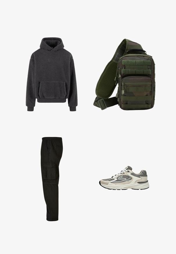 Fleece hoodie in donkergrijs met een gestructureerd oppervlak, een kangaroozak en ribgebreide cuffs en zoom. Heeft een klein logo op de borst.; Zwarte cargobroek met een relaxte pasvorm, elastische tailleband, zijzakken en een grote cargozak op de dij. Zacht, lichtgewicht stof.; Lichtgrijze en witte sportieve sneaker met mesh- en suèdepanelen, witte veters en een dikke gevoerde zool, zijaanzicht.; Groene camouflage schoudertas met meerdere ritszakken, een verstelbare schouderband en een mesh achterpaneel voor ventilatie.