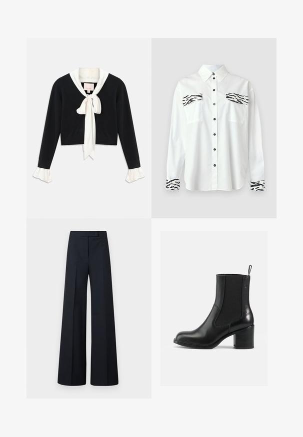 Sort langærmet cropped sweater med vedhæftet hvid krave, front sløjfe og hvide flæseærmer.; Hvid langærmet skjorte med sorte zebrastriber som accenter på brystlommer og manchetter, med klassisk krave og knaplukning.; Sort, højtaljede bukser med vide ben og plisseringer, skjult frontlukning og en tætsiddende taljekant.; Sort læder ankelstøvle med elastiske sidepaneler, rund tå og blokhæl. Glat tekstur med minimale syninger.