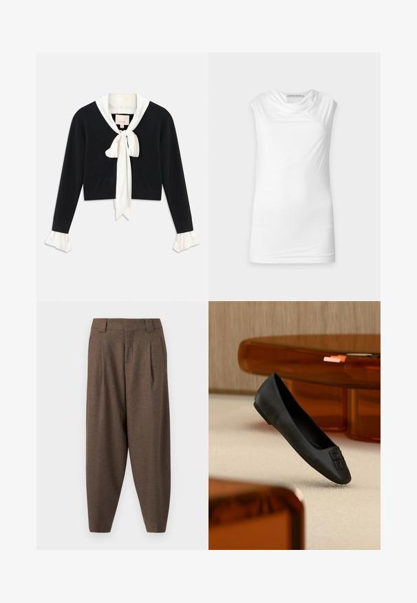 Sort langærmet cropped sweater med vedhæftet hvid krave, front sløjfe og hvide flæseærmer.; Hvid ærmeløs top med draperet halsudskæring, lavet af glat stof, mærket Tiger of Sweden på ensfarvet baggrund.; Brune bukser med høj talje, indsnævrede ben, plisseringer, bæltestropper og sidelommer, lavet af tekstureret stof.; Sort lædersko med flad hæl og præget bogstaver på tæerne, sat mod en beige tæppe og brunt gennemsigtigt møbler baggrund.