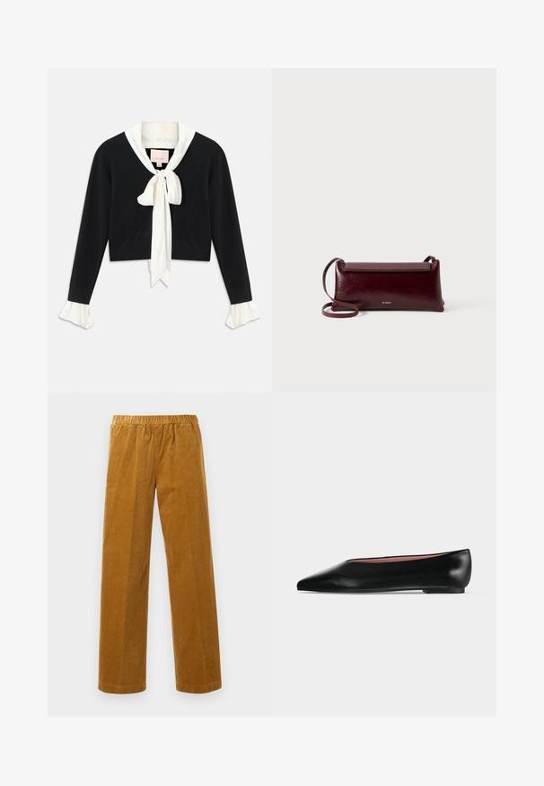 Pull cropped noir à manches longues avec col blanc attaché, nœud papillon à l'avant et poignets en dentelle blanche sur les manches.; Pantalons en velours côtelé à taille élastique et jambe droite, de couleur brun moutarde, présentés sur un fond blanc uni.; Chaussure plate en cuir noir pour femme, avec bout pointu et petit talon, vue de côté sur un fond gris clair uni.; Sac à bandoulière en cuir bordeaux avec une texture lisse, de forme rectangulaire, fermeture à rabat et une fine sangle réglable. Détail du logo doré visible.