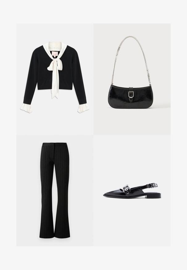 Pull cropped noir à manches longues avec col blanc attaché, nœud papillon à l'avant et poignets en dentelle blanche sur les manches.; Pantalons noirs évasés avec un motif de rayures verticales. Fabriqués dans un tissu lisse, avec une taille plate et une coupe ajustée.; Ballerine pointue en cuir verni noir avec double boucle argentée et talon slingback sur fond blanc.; Sac à épaule en cuir verni noir avec détail de boucle argentée et bandoulière en chaîne argentée, présenté sur un fond uni clair.