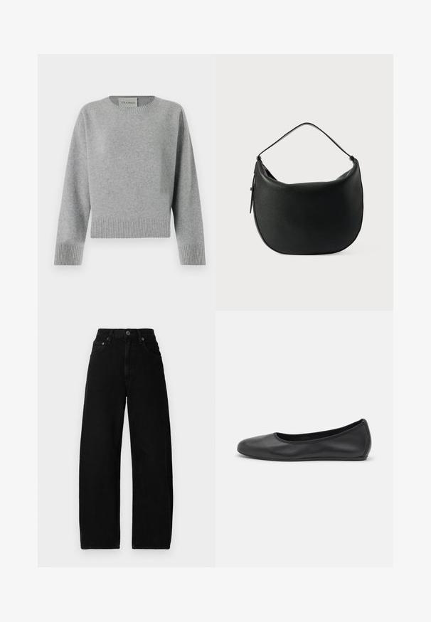 CLOSED CREW NECK WIDE SLEEVE - Trui - light grey; Zwarte denim broek met wijde pijpen en hoge taille, met een sluiting aan de voorkant met knoop, zakken en een gladde, matte textuur.; Zwarte leren ballerina met een ronde neus, gladde textuur, minimale stikdetails en een flexibele zoolontwerp.; Zwarte leren schoudertas met een gebogen vorm en een enkele handgreep. Het oppervlak heeft een textuurafwerking en een ritssluiting.