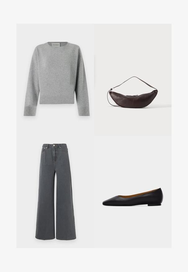 CLOSED CREW NECK WIDE SLEEVE - Trui - light grey; Wijdvallende jeans van donkergrijs denim. Hoog in de taille met een knoopsluiting en standaardzakken. Zachte textuur met minimale stikdetails.; Zwarte leren puntschoen met lage hak en gladde afwerking, zijaanzicht op een lichtgrijze achtergrond.; Donkerbruine leren schoudertas in halve maan vorm met een gebogen band en zichtbare stiksels op een effen achtergrond.