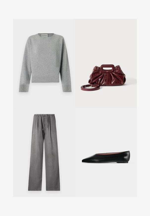 CLOSED CREW NECK WIDE SLEEVE - Trui - light grey; CLOSED WYNSTON - Broek - led grey; Zwarte leren damesschoen met platte zool, puntige neus en lage hak, zijwaarts afgebeeld tegen een effen lichtgrijze achtergrond.; Kleine donkerrode leren handtas met geplooide textuur, rechthoekig handvat met uitsparing en afneembare schouderriem tegen een witte achtergrond.