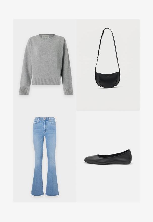 CLOSED CREW NECK WIDE SLEEVE - Trui - light grey; Lichtblauwe flare jeans met een hoge taille, gemaakt van denimstof, met voorzakken en een subtiele vervaagde textuur.; Zwarte leren ballerina met een ronde neus, gladde textuur, minimale stikdetails en een flexibele zoolontwerp.; Zwart leren halvemaanvormige crossbodytas met verstelbare riem en klein gouden logo in het midden aan de voorkant.