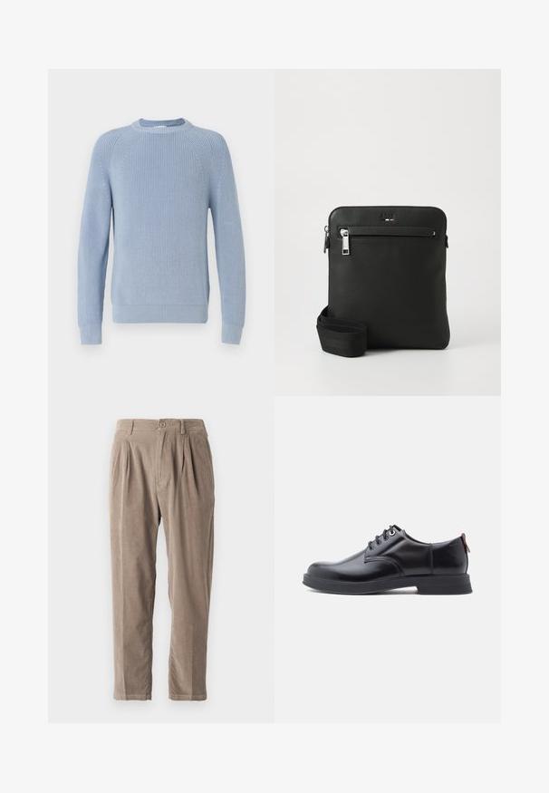 Lichtblauwe gebreide trui met een geribd patroon, ronde halslijn en raglanmouwen. Beschikt over een effen kleur en aangesloten mouwen en zoom.; Beige corduroy broeken met een relaxed fit, voorzien van plooien, een knoopsluiting en zijzakken, een gestructureerd oppervlak en een taps toelopend ontwerp.; Zwarte leren veter schoenen met een gladde textuur, ronde neus en subtiel stiksel detail. Voorzien van een rode trekband op de hiel.; Zwarte leren crossbodytas met een plat ontwerp, een gestructureerd oppervlak, ritssluiting, voorvak en een verstelbare stoffen riem.