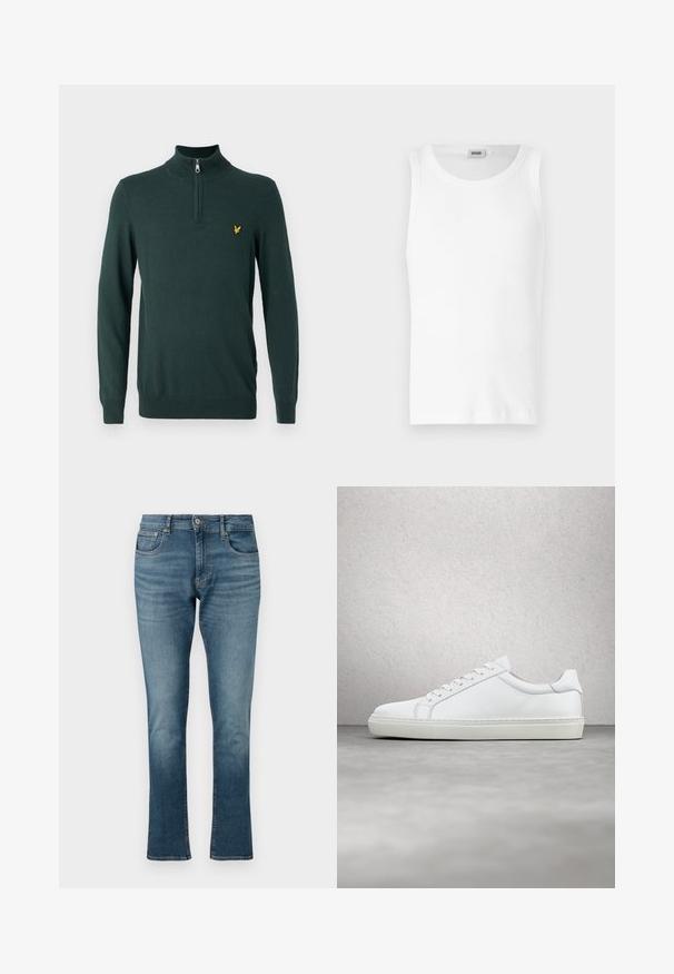 Pull en tricot vert foncé avec un col haut et une fermeture éclair quart. Logo jaune petit sur la poitrine gauche. Manches longues et poignets côtelés.; Débardeur en coton blanc sans manches avec un col rond et une texture lisse. Design simple, sans motifs ni accents.; Jean en denim bleu clair avec une coupe droite, dotés d'une fermeture éclair, d'un bouton et d'un style à cinq poches avec un léger dégradé.; Sneaker blanche avec une tige en cuir lisse et un profil bas. Présente un bout arrondi, six œillets et une semelle en caoutchouc texturé.