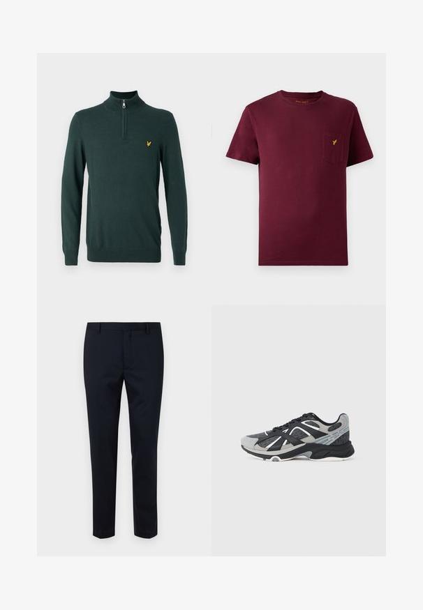 Pull en tricot vert foncé avec un col haut et une fermeture éclair quart. Logo jaune petit sur la poitrine gauche. Manches longues et poignets côtelés.; T-shirt en coton bordeaux à manches courtes, col rond, avec une poche sur le devant et un petit logo jaune brodé sur la poche.; Pantalons tailleur bleu marine foncé en tissu lisse, avec un devant plat, des passants de ceinture et une coupe ajustée. Pas de motifs ni d'accents visibles.; Chaussures de sport noires et grises en suède et mesh, présentant un design épuré, des accents blancs et des détails texturés.