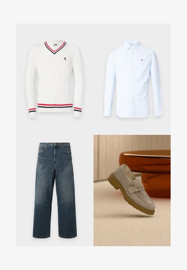 Hvid kabelstrikket sweater med V-udskæring, prydet med røde og sorte stribede detaljer ved kraven og kanten. Lille hjerte-logo broderet på brystet.; Herre skjorte med lange ærmer og knapper, med lyseblå og hvide lodrette striber og et lille rødt, hvidt og blåt logo på brystet.; Bredde ben denim jeans i mørkeblå, med en falmet vask, fem lomme-design og solid syning. Knappelukning i taljen.; Lysegrå ruskind loafers med chunky brun gummisål placeret på beige tæppe foran et sløret brunt rundt bord.