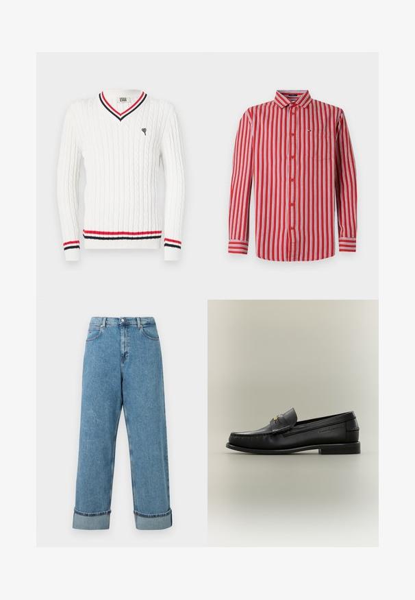 Suéter blanco de punto trenzado con escote en V, que presenta detalles en franjas rojas y negras en el cuello y el dobladillo. Bordado de un pequeño logo de corazón en el pecho.; Camisa de botones a rayas rojas y blancas con mangas largas, cuello, bolsillo en el pecho y puños contrastantes. Hecha de una tela con una textura suave.; Jeans de mezclilla azul de tiro alto con piernas anchas y dobladillos enrollados, que cuentan con bolsillos frontales y presillas para cinturón.; Mocasín negro de cuero sin cordones con tacón bajo, detalle de hebilla dorada y nombre de la marca en relieve en el lateral sobre un fondo neutro.