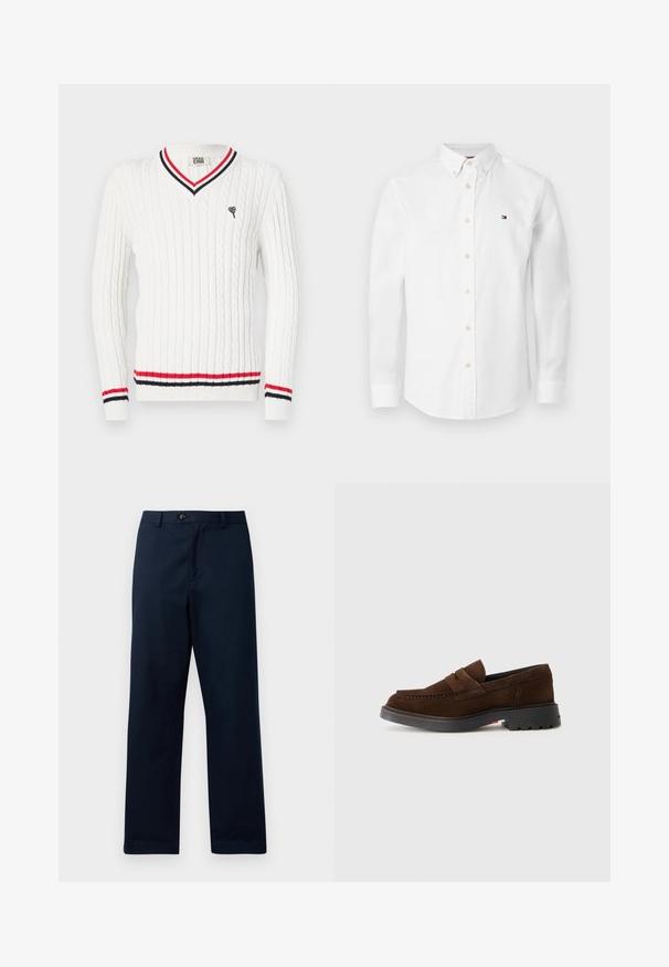 Suéter blanco de punto trenzado con escote en V, que presenta detalles en franjas rojas y negras en el cuello y el dobladillo. Bordado de un pequeño logo de corazón en el pecho.; Camisa blanca de manga larga con botones y cuello abotonado, con un pequeño logo bordado en el pecho izquierdo.; Pantalones de pierna recta en azul marino, fabricados en una mezcla de algodón. Presentan una cremallera frontal, cierre de botón y pasadores para cinturón. Textura suave.; Mocasines de ante marrón con punta redondeada, detalles de doble correa y suela de goma negra con ranuras texturizadas.