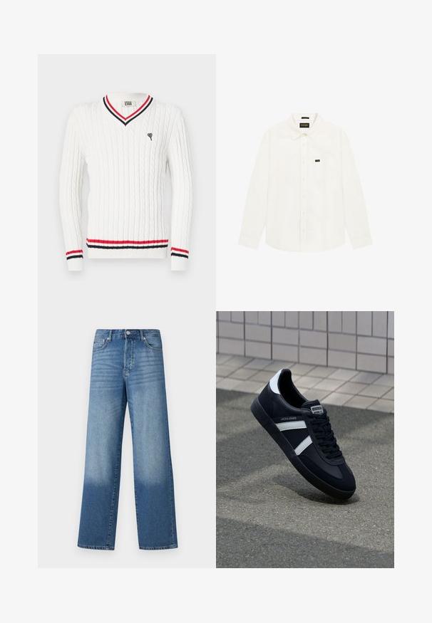 Suéter blanco de punto trenzado con escote en V, que presenta detalles en franjas rojas y negras en el cuello y el dobladillo. Bordado de un pequeño logo de corazón en el pecho.; Camisa blanca de manga larga con botones, cuello, bolsillo en el pecho y pequeño parche con el logo de Wrangler en el bolsillo y etiqueta del cuello.; Vaqueros de tiro alto y pierna recta en azul, con decoloración en los muslos y sombras más oscuras cerca de los dobladillos, con botón frontal y bolsillos visibles.; Zapatilla de cuero negra con rayas blancas, suela de goma texturizada y parte frontal con cordones. Cuenta con una etiqueta de marca en la lengüeta.