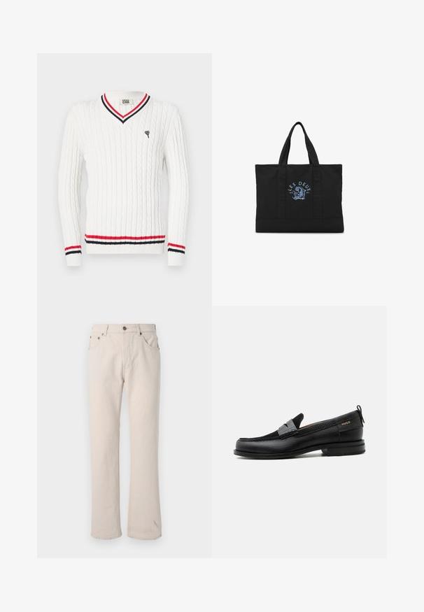 Suéter blanco de punto trenzado con escote en V, que presenta detalles en franjas rojas y negras en el cuello y el dobladillo. Bordado de un pequeño logo de corazón en el pecho.; Jeans de mezclilla beige con corte recto, que presentan cinco bolsillos, un cierre de botón y detalles de costura sutiles en las costuras.; Mocasín de cuero negro con detalle de tira gris, tacón bajo y suela texturizada, con la marca "HUGO" en oro en el lateral.; Bolsa tote negra con dos asas y texto azul "Les Deux" sobre un diseño gráfico azul en el centro delantero.