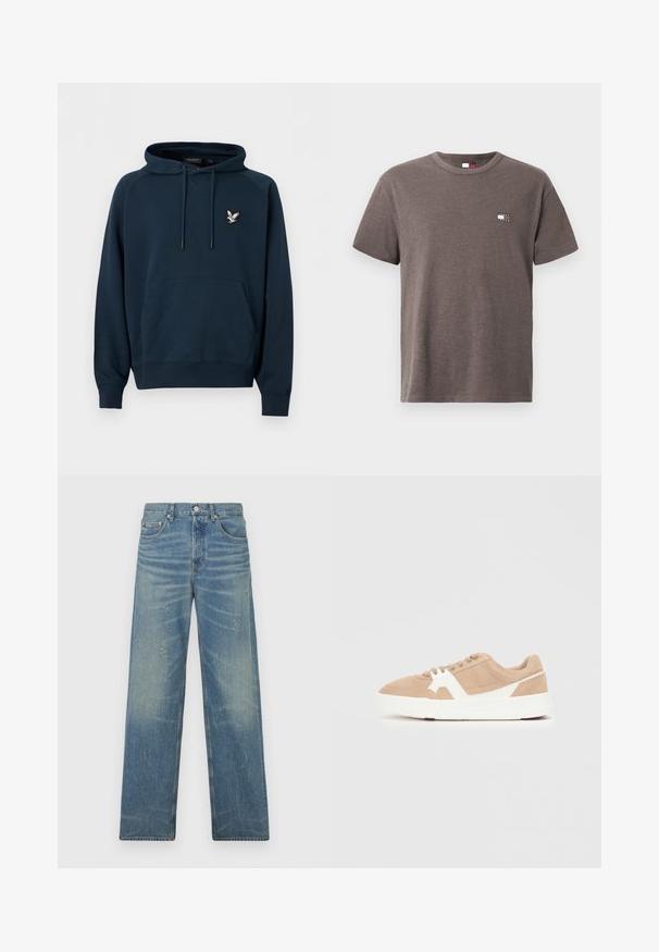 Sweat à capuche bleu marine avec poche kangourou à l'avant et petit logo d'aigle blanc sur le côté gauche de la poitrine.; T-shirt en coton marron à manches courtes avec un petit logo blanc et noir de Tommy Jeans sur la poitrine gauche, col rond.; Jeans droits bleus avec une décoloration légère, quelques éclaboussures de peinture, bouton frontal et design à cinq poches sur un fond blanc.; Baskets en daim beige avec des accents blancs. Bout rond, fermeture à lacets et épaisse semelle blanche avec une touche de rouge en bas.