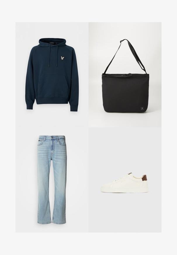 Sweat à capuche bleu marine avec poche kangourou à l'avant et petit logo d'aigle blanc sur le côté gauche de la poitrine.; Jeans en denim bleu clair avec une coupe droite, dotés de cinq poches, d'une fermeture à bouton et d'une légère décoloration sur le tissu.; Baskets blanches basses avec lacets crème, une languette de talon marron et le logo "GANT" doré sur le côté, présentées de profil sur un fond uni.; Sac à bandoulière noir avec une texture de tissu lisse, de forme rectangulaire, avec une seule bandoulière réglable et une fermeture zippée sur le dessus. Petite étiquette de logo à l'avant.