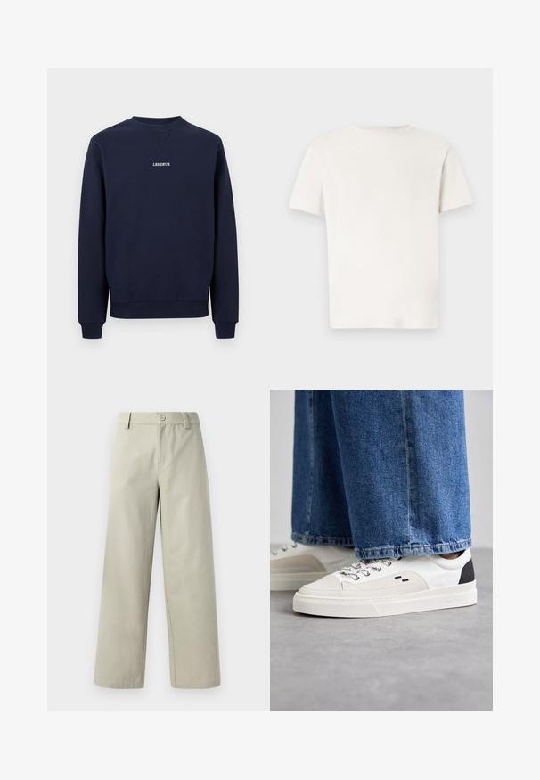 Sweat-shirt bleu marine à col rond avec poignets et ourlet côtelés, présentant un petit texte blanc centré "LES DEUX" sur la poitrine.; T-shirt blanc uni à manches courtes et col rond, présenté de face sur un fond gris clair.; Han Kjøbenhavn WIDE LEG - Pantalon classique - light grey; Baskets blanches et noires avec une tige en cuir lisse, des accents texturés et une semelle épaisse blanche. Présentent un design classique à lacets.