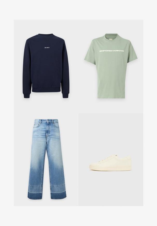 Sweat-shirt bleu marine à col rond avec poignets et ourlet côtelés, présentant un petit texte blanc centré "LES DEUX" sur la poitrine.; T-shirt vert clair à manches courtes avec col rond et logo EMPORIO ARMANI blanc sur la poitrine, présenté sur un fond uni.; Jean en denim bleu clair à coupe large avec des détails délavés et des blocs de couleur plus foncés près de l'ourlet, bouton devant et poches visibles.; Baskets couleur crème avec une tige en cuir lisse, bout arrondi, laçage à l'avant et semelle en caoutchouc texturée. Design minimaliste, sans logo.