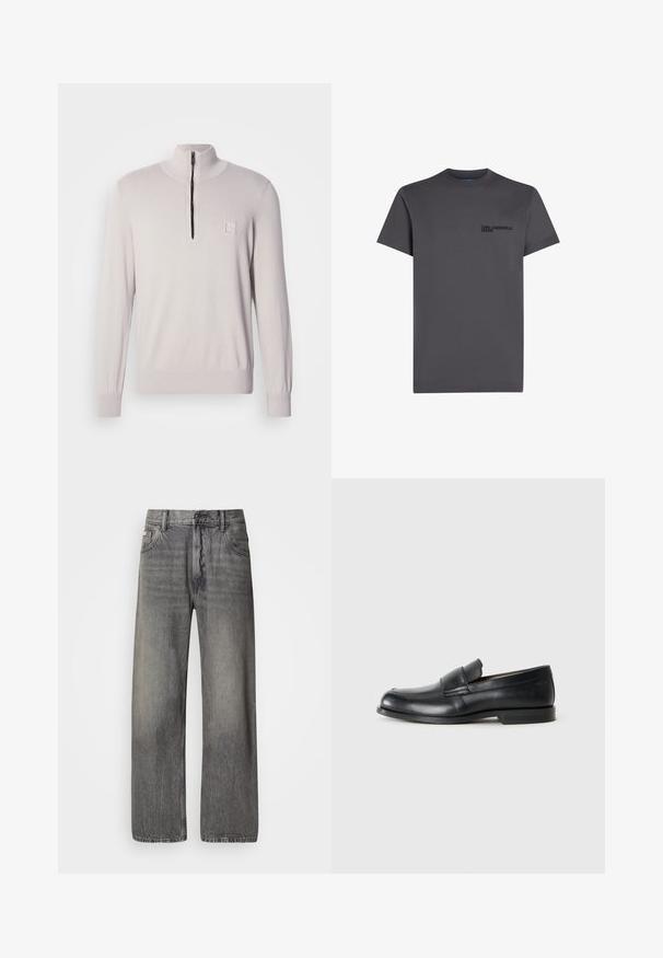 Pull beige clair à col montant, avec une fermeture éclair à mi-hauteur sur le devant. Tissu en maille avec poignets côtelés et une petite étiquette logo sur la poitrine.; T-shirt à col rond, à manches courtes, gris foncé, avec un petit logo "KARL LAGERFELD JEANS" imprimé en noir sur la poitrine gauche.; Jean à jambes larges en denim gris foncé avec une finition délavée. Dispose d'un design classique à cinq poches et de passants pour ceinture.; Mocassins en cuir noir avec un bout rond, des détails cousus et une semelle en caoutchouc plate. Présentent une large bande sur le cou-de-pied.