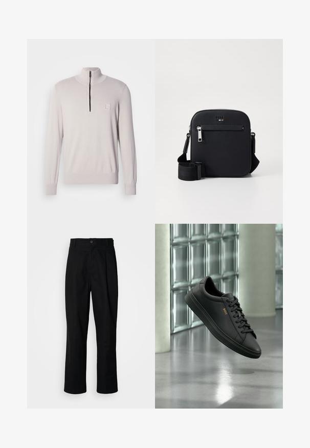 Pull beige clair à col montant, avec une fermeture éclair à mi-hauteur sur le devant. Tissu en maille avec poignets côtelés et une petite étiquette logo sur la poitrine.; Pantalons noirs à jambes droites avec une taille à bouton, passants de ceinture et pli avant, présentés sur un fond blanc uni.; Baskets basses en cuir noir avec lacets noirs et logo BOSS doré sur le côté, flottant au-dessus d’un sol gris brillant dans un espace intérieur moderne.; Sac bandoulière en cuir noir avec une texture lisse, doté d'une poche zippée à l'avant, d'une sangle réglable et d'un design carré élégant.