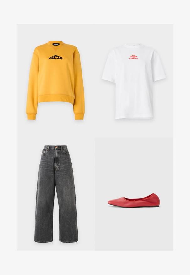 Gul sweatshirt med lange ærmer og rund hals. Har et sort logo på fronten. Fremstillet af blødt, struktureret stof. Beskåret kant.; Hvid T-shirt med korte ærmer og rød tekst "DET ER BEDRE I STIEGLITZ" centreret nær den øverste del af brystet.; Højtaljede, brede jeans i falmet sort denim med frontlommer, bæltesløjfer og kobberknaplukning.; Filippa K REY FLATS - Ballerinasko - bright red