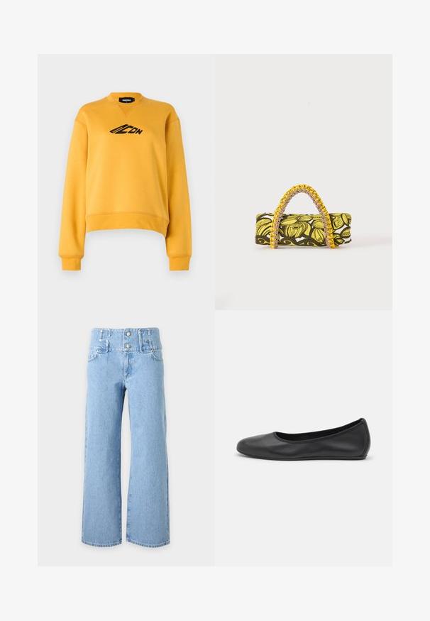 Sweat-shirt jaune à manches longues et col rond. Présente un logo noir sur le devant. Fabriqué en tissu doux et texturé. Ourlet court.; Jean en denim bleu clair taille haute avec jambes larges, poches avant, fermeture à double bouton et passants pour ceinture.; Ballerines en cuir noir avec un bout rond, texture lisse, détails de couture minimalistes et design de semelle flexible.; Sac rectangulaire avec motif floral jaune et noir et anse tressée jaune et rose sur fond blanc.