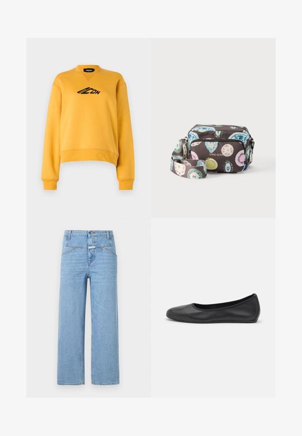 Gul sweatshirt med lange ærmer og rund hals. Har et sort logo på fronten. Fremstillet af blødt, struktureret stof. Beskåret kant.; CLOSED STOVER - Jeans Relaxed Fit - light blue; Sort læderballetsko med rund tå, glat tekstur, minimal syning og et fleksibelt såldesign.; Crossbody taske med farverige ovale mønstre på mørk baggrund, front-lynlåslomme og justerbar rem, mærket "STINE GOYA" med guld bogstaver.
