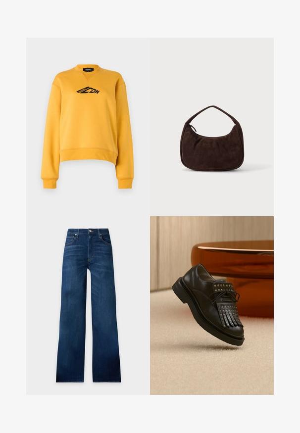 Gul sweatshirt med lange ærmer og rund hals. Har et sort logo på fronten. Fremstillet af blødt, struktureret stof. Beskåret kant.; Mørkeblå jeans med vide ben, foran knap, lynlås, bæltestropper og design med fem lommer på en ensfarvet lys baggrund.; Sort læder snøresko med dekorativ frynse og metalnitter placeret på beige tæppe nær brunt møbel.; Mørkebrun ruskindshåndtaske med kort rem og afrundet rektangulær form på en ensfarvet lys baggrund.