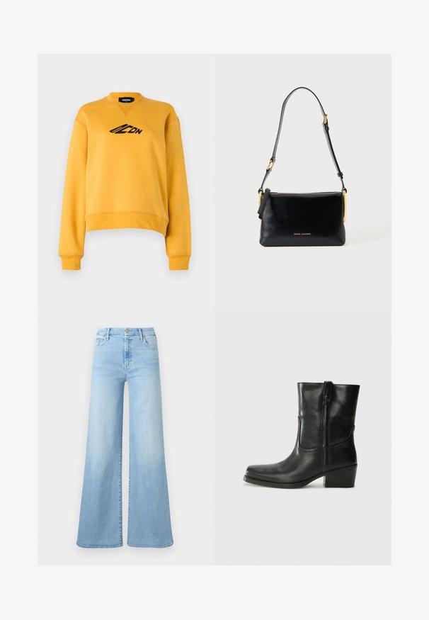 Gul sweatshirt med lange ærmer og rund hals. Har et sort logo på fronten. Fremstillet af blødt, struktureret stof. Beskåret kant.; Lyseblå denimbukser med vide ben, høj talje, forreste knaplukning og fem-lomme-design på en ensfarvet baggrund.; Sort læder ankelstøvle med rundt tå, blokhæl, lynlås i siden og stikninger på vampsiden. Glat tekstur, klassisk design.; Sort skuldertaske i læder med justerbar rem og guldfarvede detaljer, med lille gyldent "Marc Jacobs" logo midt foran.