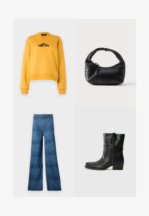 Gul sweatshirt med lange ærmer og rund hals. Har et sort logo på fronten. Fremstillet af blødt, struktureret stof. Beskåret kant.; Bredde ben denimjeans i mørkeblå, med et diskret heltryk og klassisk fem-lomme-design. Syningen står i kontrast til stoffet.; Sort læder ankelstøvle med rundt tå, blokhæl, lynlås i siden og stikninger på vampsiden. Glat tekstur, klassisk design.; Sort flettet håndtaske med en rundet form, tekstureret finish og et buet håndtag. Har et diskret logo på forsiden.