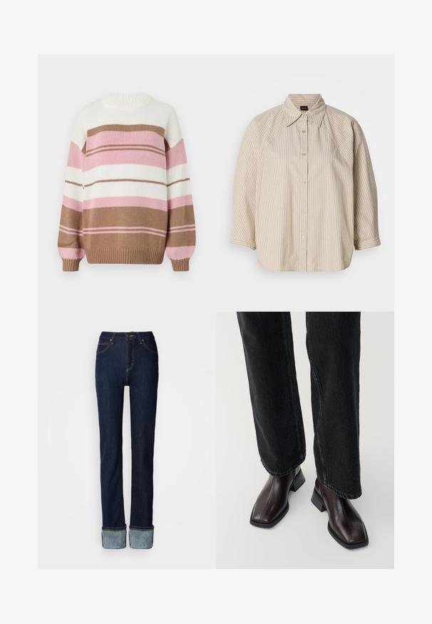 Strikket pullover med rund hals, der har vandrette striber i beige, hvid, pink og lys pink. Inkluderer ribkant ved ærmer og kant.; Beige skjorte med striber, krave, knapper foran og korte raglanærmer. Har guldknapper og et diskret logo på kanten.; Mørkeblå denimjeans med lige ben, der har opbukket manchet og kontrasterende syninger. Mellemhøj talje med klassisk knaplukning.; Brune læder ankelstøvler med firkantet tå og blokhæl, parret med sorte brede jeans. Glat tekstur og minimalistisk design.