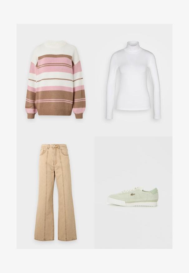 Gebreide trui met ronde hals, voorzien van horizontale strepen in beige, wit, roze en lichtroze. Inclusief geribde manchetten en onderkant.; Witte langemouwen turtle neck shirt van een soepel, rekbaar stof. Heeft een strakke pasvorm en een hoge kraag. Geen zichtbare patronen of accenten.; Beige wijde jeans met een hoge taille, vijf zakken en contrasterende stiksels voor extra detail. Katoenen stof met een zachte textuur.; Lichtgroene suede sneaker met witte zool en veters, low-top ontwerp, en klein metallic logo aan de zijkant.