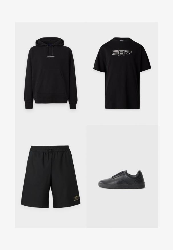 Svart hettegenser med frontlomme og hvit "A-COLD-WALL*" logo midt på brystet.; Svart T-skjorte med korte ermer og hvit EA7 Emporio Armani-logo trykt på brystet, rund hals og vanlig passform.; Sorte atletiske shorts laget av teksturert stoff, med elastisk midje og snor, og en liten gullfarget logo på nedre siden.; Sort lær sneaker med glatt overflate, rund tå, teksturerte sidepanel og svarte snørebånd. Har en flat gummisåle og et minimalistisk design.