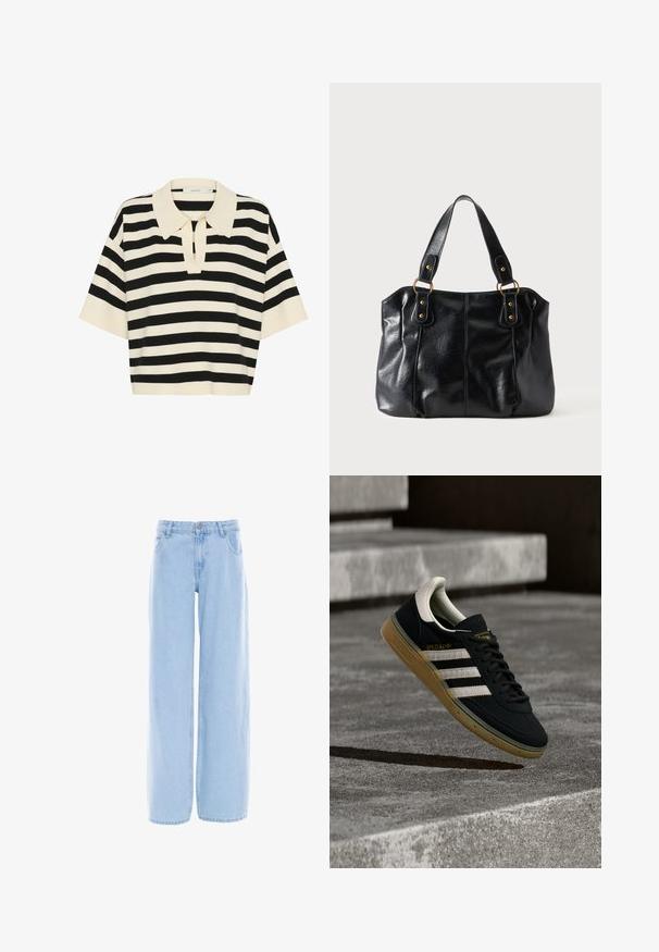Camisa polo de manga corta a rayas negras y crema con cuello y abertura en forma de ojal en la parte frontal. Tejido de punto suave.; Vaqueros de pierna ancha de color azul claro, fabricados en denim. Presentan un cierre de botón y cremallera, cinco bolsillos y costuras visibles.; Zapatilla de ante negra con rayas blancas y logo dorado, con suela de goma texturizada color goma y una lengüeta del talón en crema contrastante.; Bolso de cuero negro para el hombro con doble asa unida por anillas y remaches dorados, superficie lisa y ligeramente brillante, diseño sencillo.
