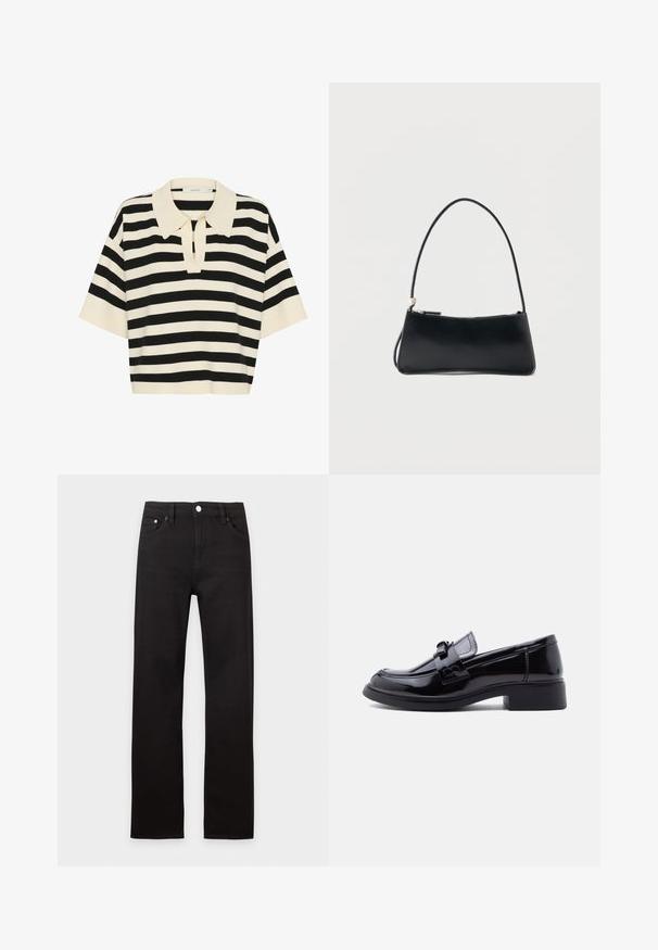 Polo à manches courtes rayé noir et crème avec un col et une ouverture en forme de clé à l'avant. Tissu tricoté doux.; Jeans noirs à jambes droites avec fermeture par bouton, passants pour ceinture et poches avant, présentés sur un fond clair uni.; Mocassin en cuir verni noir à talon bloc avec détail de bride décorative, présenté en profil latéral sur fond blanc.; Sac à main rectangulaire noir avec une fine bandoulière et fermeture éclair, présenté sur un fond blanc uni.