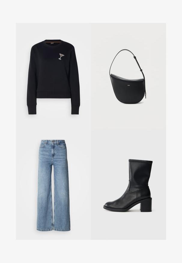 Zwarte sweater met een ronde hals en lange mouwen. Heeft een cocktailglas met kristallen op de linkerborst. Zachte stof.; Lichtblauwe wijde jeans van denim, met een hoge taille, vijfzakkenontwerp en onafgewerkte zomen. Soepele textuur met een verwassen finish.; Zwarte leren enkellaars met een ronde neus, een gladde textuur en een chunky hak, met een strak schacht en subtiele stiksels.; Zwarte halfmaansvormige leren schoudertas met verstelbare riem en goudkleurig "BOSS"-logo middenvoor.