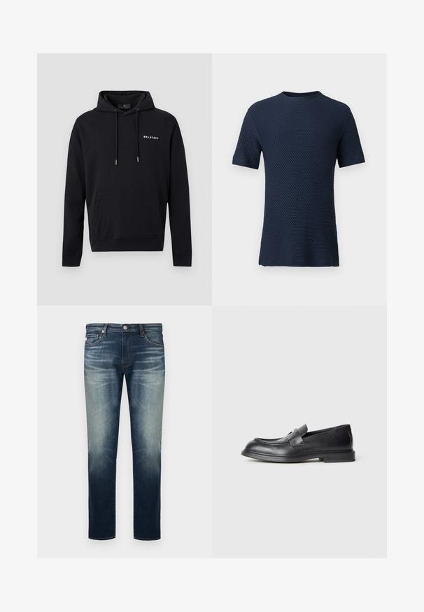 Sweat à capuche noir Belstaff avec poche kangourou avant, capuche à cordon de serrage et petit logo blanc Belstaff sur le côté gauche de la poitrine.; T-shirt en maille texturée bleu marine pour homme, à manches courtes et col rond, présenté sur un fond uni.; Jean droit bleu pour hommes avec décoloration sur les cuisses et les genoux, fermeture avant par bouton et fermeture éclair, et design à cinq poches.; Mocassins en cuir noir avec une finition texturée, dotés d'une bride décorative à l'avant et d'un bout arrondi. Semelle en caoutchouc pour plus de durabilité.