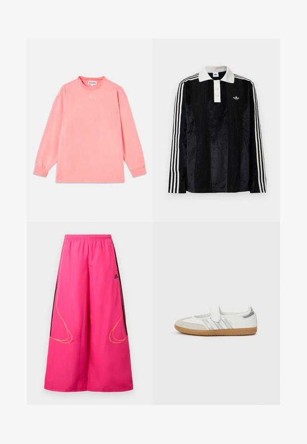 Langærmet T-shirt i klart pink, lavet af blød bomuld. Har en rund halsudskæring og teksten "STIEGLITZ" trykt i hvid på brystet.; Sort fløjl langærmet polo shirt med en hvid ribbestrikket krave, tre knapper, struktureret front og tre hvide striber på hver ærme.; Rosa sportbukser med elastisk taljebånd, vide ben, sorte sidepaneler og gule syningsdetaljer. Adidas-logo på forsiden.; Hvid sneaker med sølvstriber, ruskindsspids og velcrolukning. Sål af tekstureret gummimateriale. Minimalistisk design med glat finish.