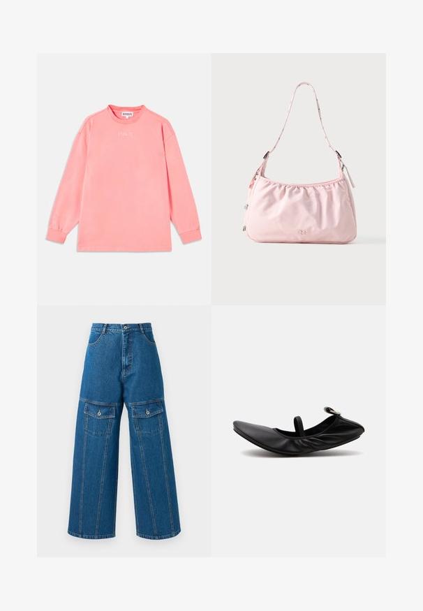 Camiseta de manga larga en color rosa brillante, hecha de algodón suave. Presenta un cuello redondo y el texto "STIEGLITZ" impreso en blanco en el pecho.; Pantalones de mezclilla de pierna ancha en azul claro, con una cintura alta, costuras visibles y dos bolsillos con tapa y botón a cada lado.; Zapatilla ballet plana de cuero negro plegado con una sola tira y hebilla plateada sobre un fondo claro y liso.; Bolso de hombro rosa claro con correa ajustable, borde superior fruncido, cierre de cremallera y pequeño logo en relieve en el centro frontal.