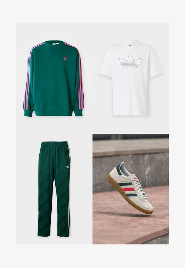 Groene sweatshirt met lange mouwen, ronde hals, roze drievoudige strepen accenten op de schouders en een klein roze logo op de borst. Zachte stoftextuur.; Witte katoen T-shirt met een gestippeld zwart omtreklijn van een trefoil-logo aan de voorkant. Korte mouwen en een ronde hals.; Donkergroene sportbroek met subtiele patronen met logo's, witte zijstrepen, elastische tailleband en klein wit Adidas Trefoil-logo op de rechterdij.; Witte Adidas sneaker met groene en rode strepen, rubberen zool en "SPEZIAL" branding die boven een stenen bestrating zweeft.