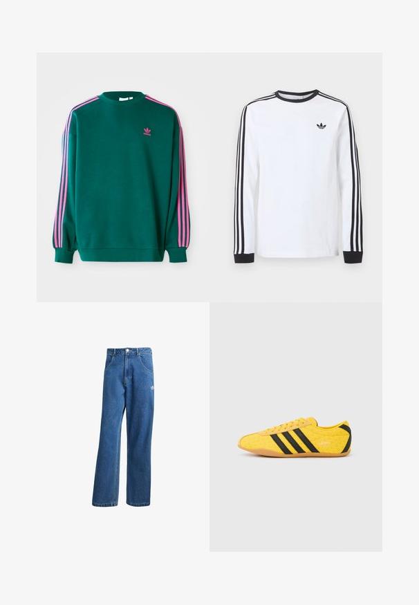 Πράσινο sweatshirt με μακριά μανίκια, στρογγυλή λαιμόκοψη, ροζ τρεις-γραμμές λεπτομέρειες στους ώμους και μικρό ροζ λογότυπο στο στήθος. Μαλακή υφή υφάσματος.; Λευκό μπλουζάκι Adidas με μακριά μανίκια, μαύρο στρογγυλό λαιμόκοψη, μαύρα μανσέτα, τρεις μαύρες ρίγες στα μανίκια και μαύρο λογότυπο trefoil στο στήθος.; Μπλε τζιν παντελόνι με ψηλή μέση, φαρδιά μπατζάκια, μπροστινές τσέπες, θηλιές ζώνης, κλείσιμο με κουμπί και μικρό λογότυπο Adidas στο δεξί μηρό.; Κίτρινο αθλητικό παπούτσι με υφή στο επάνω μέρος, με μαύρες ρίγες και λογότυπο. Στρογγυλεμένη μύτη, μαλακή σόλα και ζιγκ-ζαγκ σχέδιο στο υλικό.