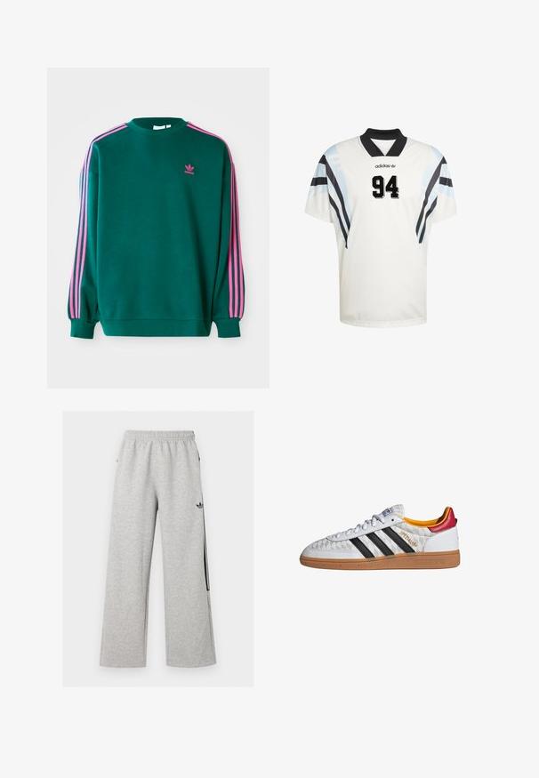 Groene sweatshirt met lange mouwen, ronde hals, roze drievoudige strepen accenten op de schouders en een klein roze logo op de borst. Zachte stoftextuur.; Wit sportshirt met korte mouwen, een zwarte kraag en diagonale strepen in blauw en zwart. Nummer "94" opvallend weergegeven in het zwart.; Lichtgrijze wijde joggingbroek met elastische tailleband en zwart Adidas trefoil-logo op de rechterdij.; Witte Adidas Spezial sneaker met zwarte strepen, gumzool, doorgestikt patroon, rood hielstuk en gele voering, zijaanzicht.