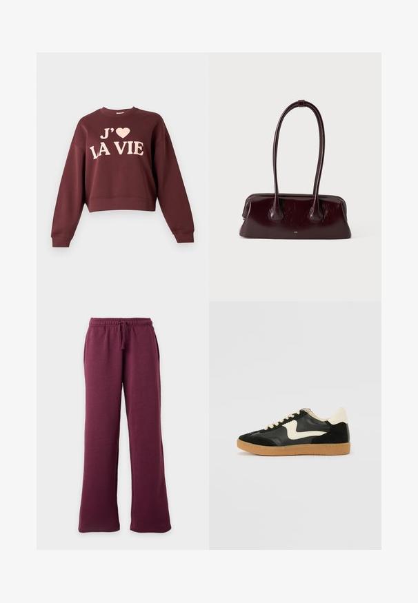 Sweat-shirt court bordeaux à coupe oversize, avec un texte imprimé rose clair "J'adore LA VIE" sur le devant. Manches et bas côtelés.; Pantalon de survêtement bordeaux à jambes larges avec ceinture élastique et cordon, poches avant, présenté sur un fond clair uni.; Baskets en daim et cuir noir avec un swoosh latéral crème et un talon crème clair. Dotées de lacets beige et d'une semelle en caoutchouc gomme.; Sac à main en cuir brun foncé brillant avec de longues anses fines et une base rectangulaire structurée sur un fond clair uni.