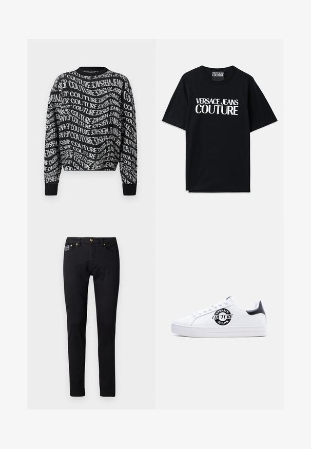 Un pull à col rond à manches longues noir avec un texte blanc déformé et répétitif "Versace Jeans Couture" sur l'ensemble du tissu.; T-shirt en coton noir à manches courtes avec un grand texte blanc "VERSACE JEANS COUTURE" sur le devant. Design classique avec col rond.; Jeans en denim noir avec une coupe slim, ornés de garnitures en ton doré, cinq poches, et une petite étiquette de marque sur la poche droite.; Baskets basses blanches avec languette de talon noire, logo circulaire noir "Versace Jeans Couture" sur le côté, lacets blancs et texte embossé sur la semelle.
